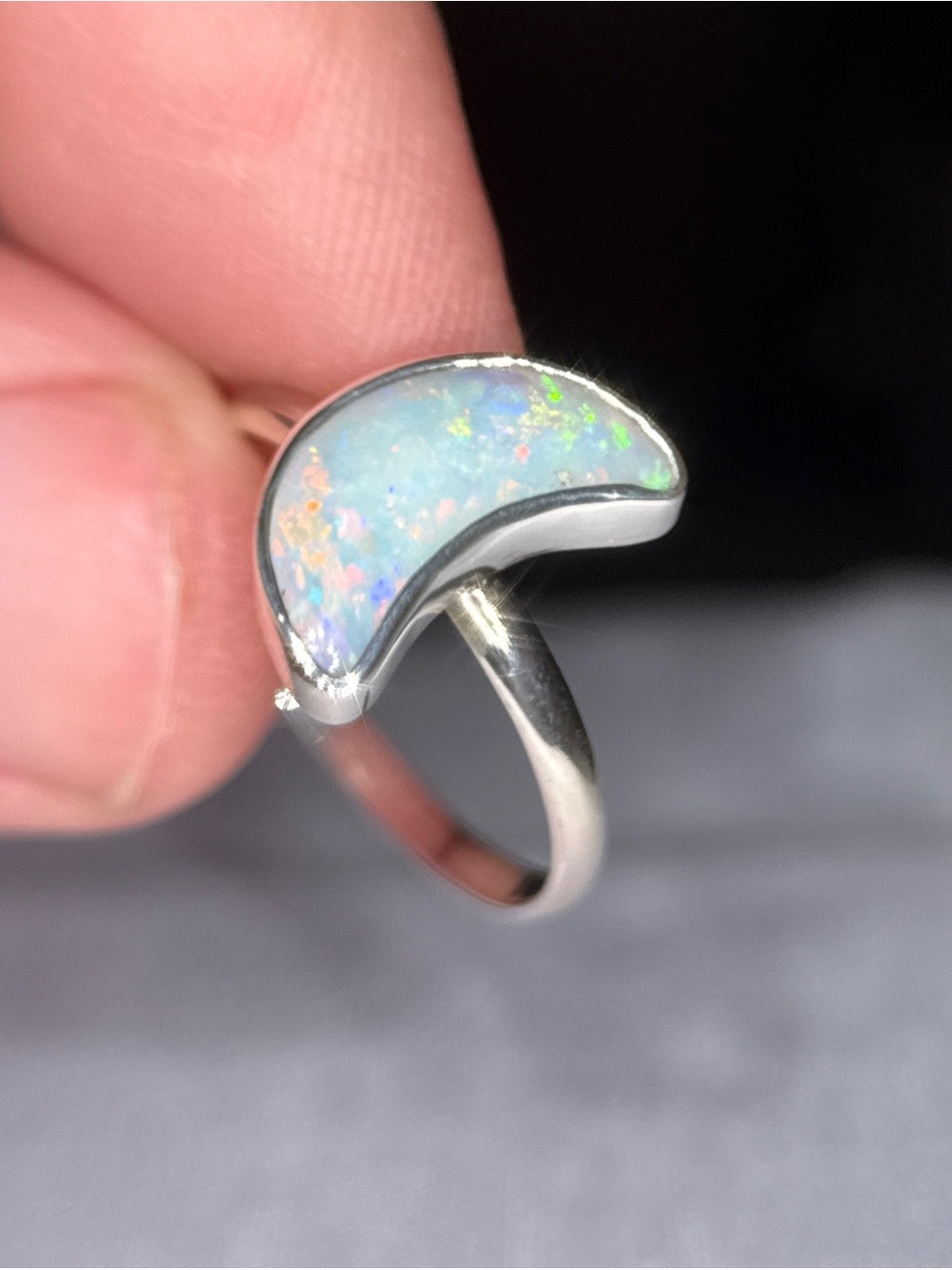 Sterling Silver Crescent Opal Ring - White Opal Moon Design